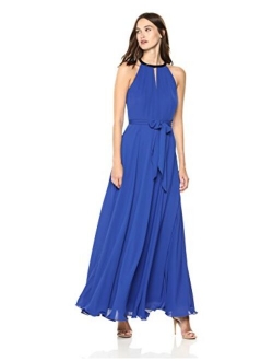 Women's Chiffon Halter Neck Keyhole Gown with Sash