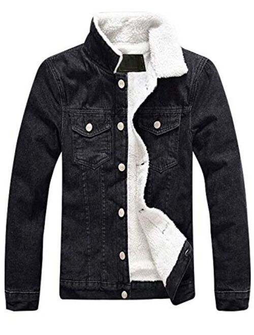 Omoone Men's Long Sleeves Lapel Sherpa Fleece Lined Black Jean Denim Jacket Coat