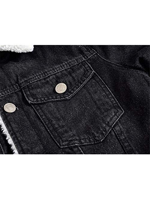 Omoone Men's Long Sleeves Lapel Sherpa Fleece Lined Black Jean Denim Jacket Coat
