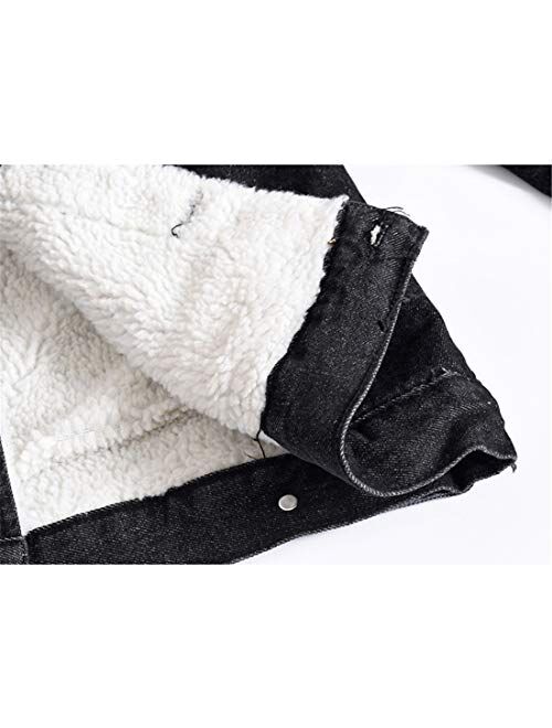 Omoone Men's Long Sleeves Lapel Sherpa Fleece Lined Black Jean Denim Jacket Coat