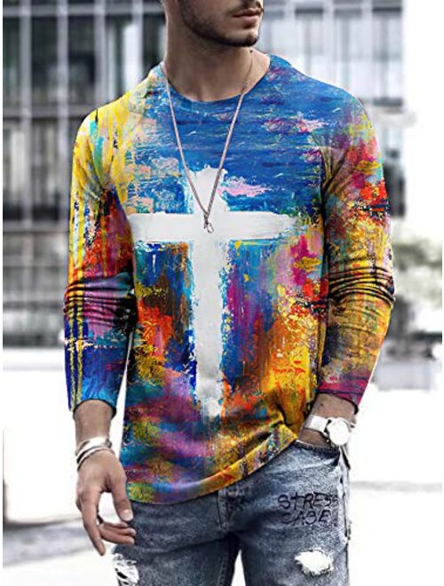 Men's Vintage Oil Painting Faith Jesus Cross Print Casual T-Shirt Round Neck Pullover Tie Dye Sweatshirt Long Sleeve Shirts