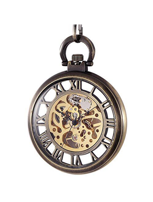 ManChDa Steampunk Mechanical Skeleton Big Size Hand Winding Pocket Watch Open Face Fob for Men