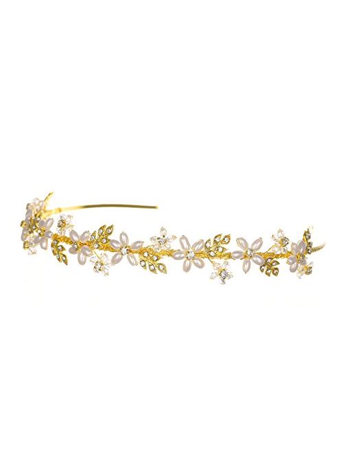 Handmade Pearl Flower Crystal Leaf Headband Tiara - Silver Plated T773