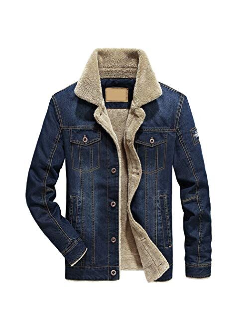 Hixiaohe Men's Rugged Button Down Sherpa Lined Distressed Denim Trucker Jacket