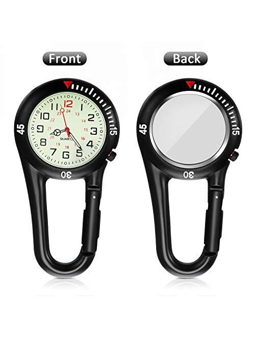 Hicarer 2 Pieces Clip-on Quartz Watch Backpack Fob Belt Watch Glow in The Dark Unisex Pocket Watch with White Dial for Doctors Nurses Outdoor Activities