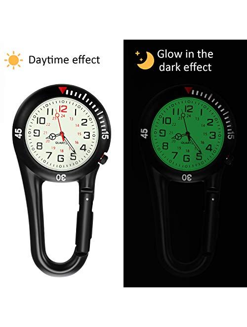 Hicarer 2 Pieces Clip-on Quartz Watch Backpack Fob Belt Watch Glow in The Dark Unisex Pocket Watch with White Dial for Doctors Nurses Outdoor Activities