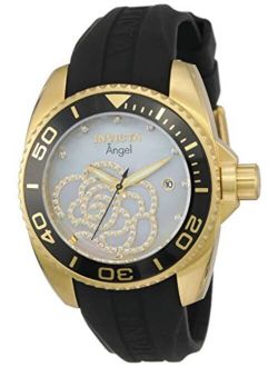 Women's Angel Gold Tone Stainless Steel and Black Silicone Quartz Watch, Two Tone (Model: 0489)