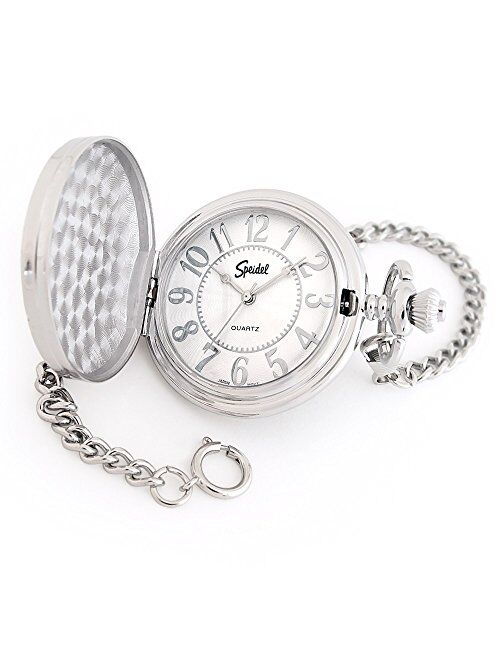 Speidel Classic Smooth Pocket Watch with 14” Chain, Silver Tone with White Dial in Gift Box – Engravable