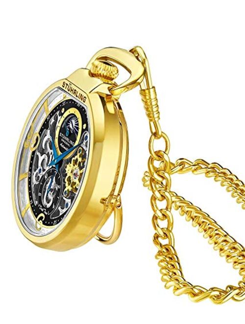 Stuhrling Orignal Mens Pocket Watch Automatic Watch Skeleton Watches for Men -Gold Pocket Watch - Mechanical Watch with Belt Clip and Stainless Steel Chain -Dual Time AM/