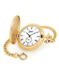 Classic Smooth Pocket Watch with 14” Chain, Gold Tone with White Dial in Gift Box – Engravable
