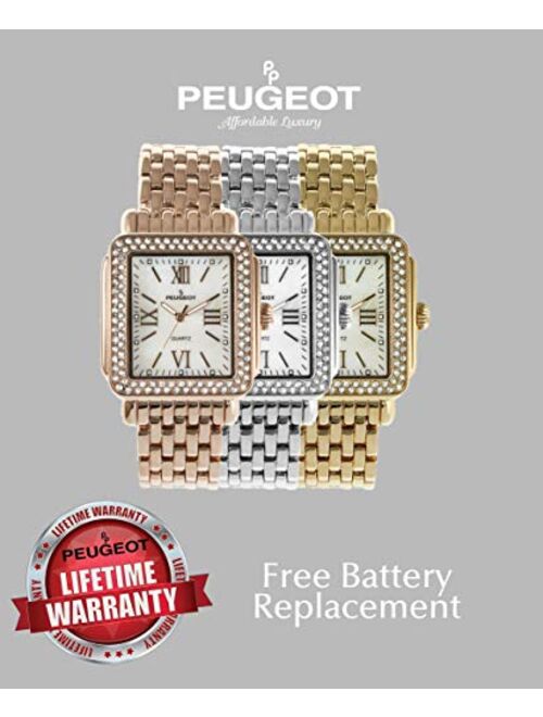 Seiko Peugeot Women Rectangle Dress Watch with Crystal Decorated Bezel, Roman Numerals and Bracelet