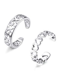 SLLAISS 925 Sterling Silver Toe Rings For Women Hypoallergenic Adjustable Open Toe Rings Celtic Tail Ring Flower Knot Heart Finger Rings Set Foot Jewelry