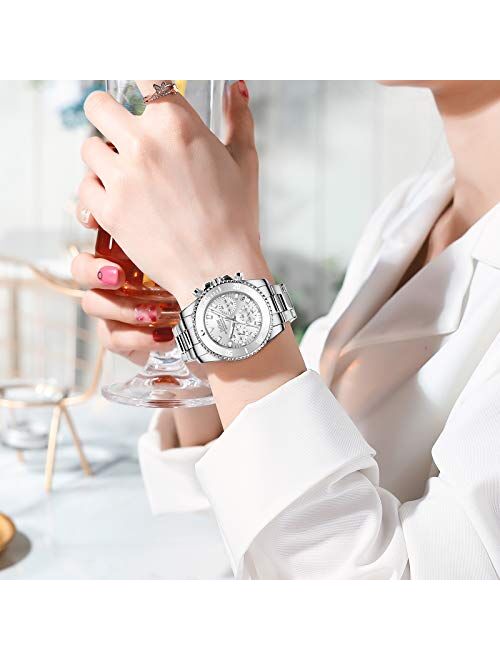 Womens Watches Chronograph Stainless Steel Waterproof Date Analog Quartz Watch Business Casual Fashion Wrist Watches for Women