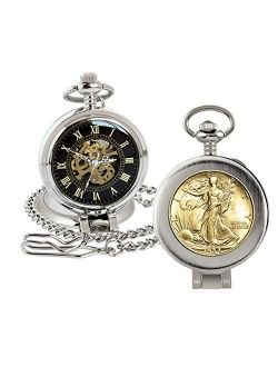 Coin Pocket Watch with Skeleton Quartz Movement | Gold Layered Silver Walking Liberty Half Dollar | Genuine U.S. Coin | Sweeping Second Hand, Magnifying Glass | Certifica