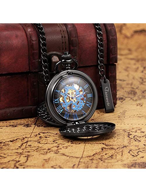 TREEWETO Mechanical Personalized Engraved Pocket Watch Skeleton Double Cover Roman Numerals Dial Personalized Gift with Box and Chain for Men Gift for Dad Son