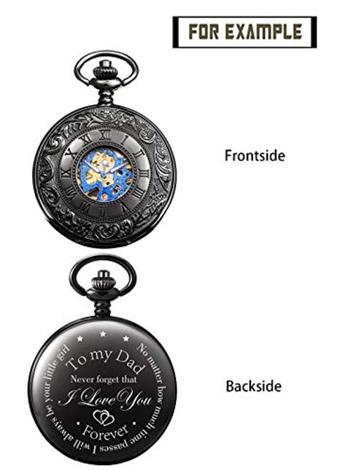 TREEWETO Mechanical Personalized Engraved Pocket Watch Skeleton Double Cover Roman Numerals Dial Personalized Gift with Box and Chain for Men Gift for Dad Son