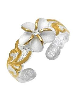 Honolulu Jewelry Company Sterling Silver Two Tone Plumeria CZ Toe Ring with 14k Gold Plated Trim