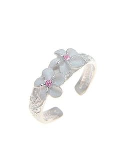 925 Sterling Silver Hawaiian 2 Plumeria Flower Scroll Pink cz Toe Ring