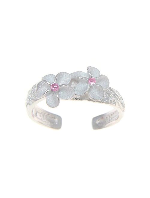 Arthur's Jewelry 925 Sterling Silver Hawaiian 2 Plumeria Flower Scroll Pink cz Toe Ring