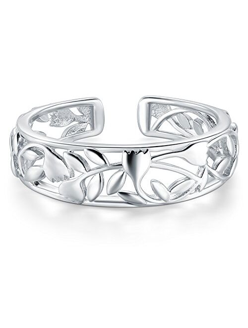 BORUO 925 Sterting Silver Toe Ring, Rose Flower Design Adjustable Band Ring