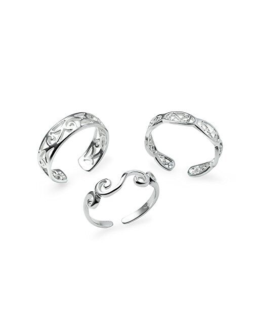 Silverline Jewelry Sterling Silver Toe Rings, 3 Pcs Adjustable Open Toe Rings Set