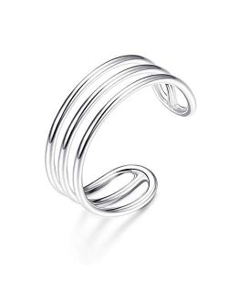 Sllaiss 925 Sterling Silver Horizontal Double Triple Lines Open Rings Minimalist Simple Band for Women Adjustable Open Toe Ring Knuckle Rings Size 5-9