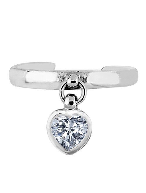 Sterling Silver Dangling Heart Shape CZ Cuff Style Adjustable Toe Ring