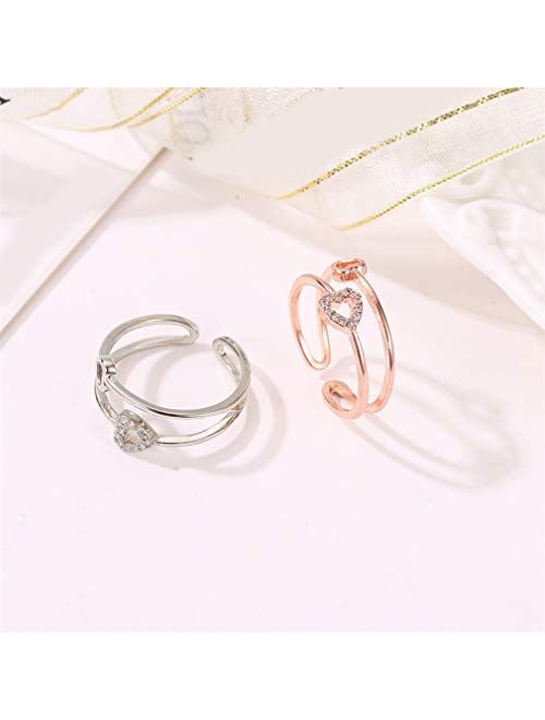 UINKE Heart Open Ring Copper Rhinestone Crystal Adjustable Geometric Double Layer Toe Thin Rings,White K