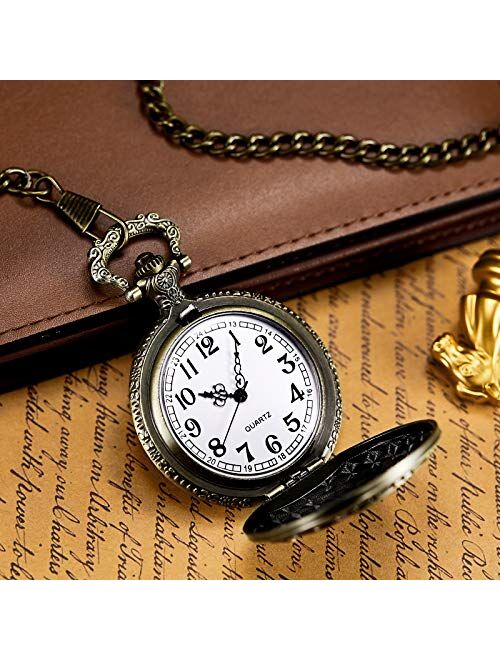 Morfong Unisex Pocket Watch Quartz Skull Pattern Fob Watches Vintage Bronze with Chani & Box