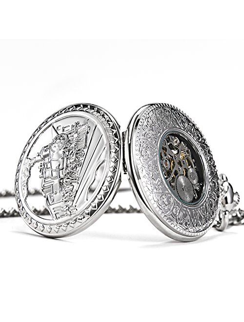 TREEWETO Mens Womens Antique Mechanical Pocket Watch Skeleton Silver Case Steam Train Railroad Roman Numerals