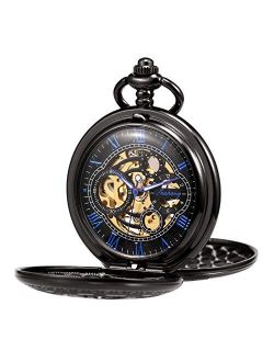 Pocket Watch Skeleton Hand-Wind Mechanical Double Case Roman Numerals Antique with Fob Chain Box