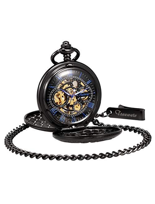 TREEWETO Pocket Watch Skeleton Hand-Wind Mechanical Double Case Roman Numerals Antique with Fob Chain Box