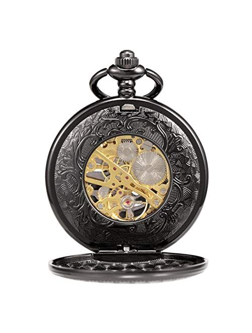 TREEWETO Pocket Watch Skeleton Hand-Wind Mechanical Double Case Roman Numerals Antique with Fob Chain Box
