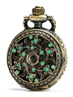 SEWOR Delicate Pandent Quartz Pocket Watch Green Flower Bronze Case