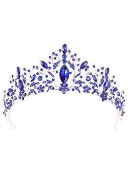 Lurrose Baroque Crown Charming Rhinestone Princess Queen Bridal Tiara Headbands for Wedding Party Birthday (Blue)