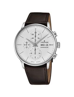 Junghans Meister Chronoscope Mens Day Date Automatic Chronograph Watch - 40mm Analog Silver Face with Luminous Hands - Stainless Steel Burgundy Leather Band Luxury Watch 