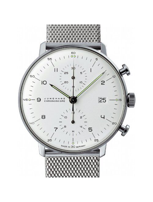 Junghans Max Bill Chronoscope Mens Automatic Chronograph Watch - 40mm Analog Silver Face with Luminous Hands and Date - Stainless Steel Mesh Band Luxury Watch Made in Ger