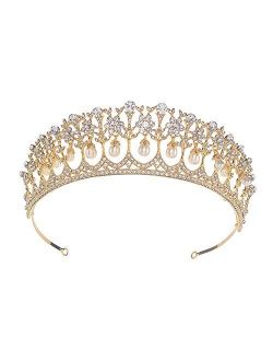 SSNUOY Gold Bridal Tiara for Wedding Women Pearl Crown Princess Prom Headband