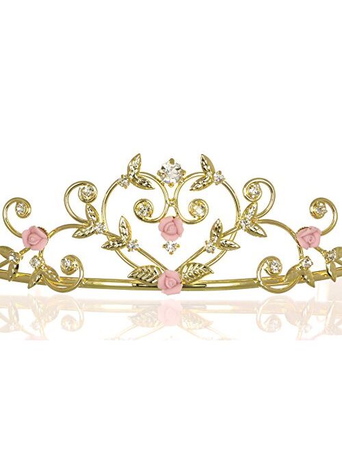 Rose Flower Rhinestone Crystal Wedding Tiara Crown - Pink Roses Gold Plating