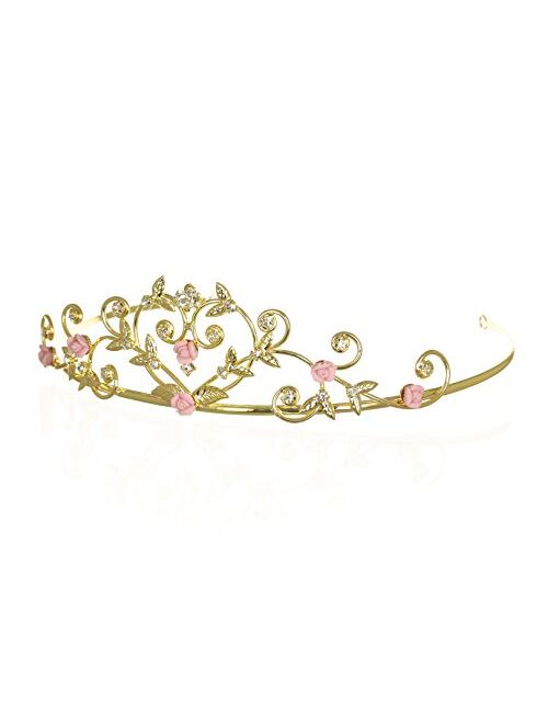 Rose Flower Rhinestone Crystal Wedding Tiara Crown - Pink Roses Gold Plating