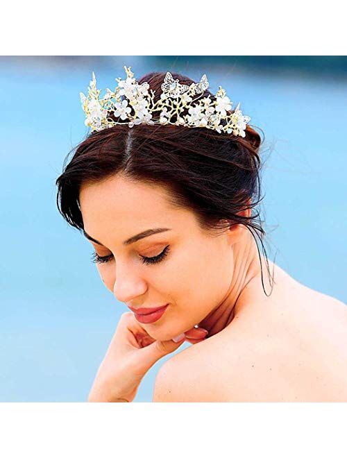 Brishow Bride Wedding Flower Crowns and Tiaras Bridal Butterfly Crown Princess Headbands Crystal Headpiece for Women and Girls