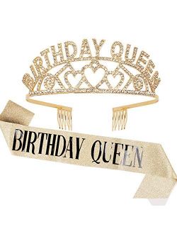 Semato Birthday Glitter Sash and Rhinestone Tiara Kit—Gold Birthday Crown Decorations for Girls Birthday Party Supplies and Favors