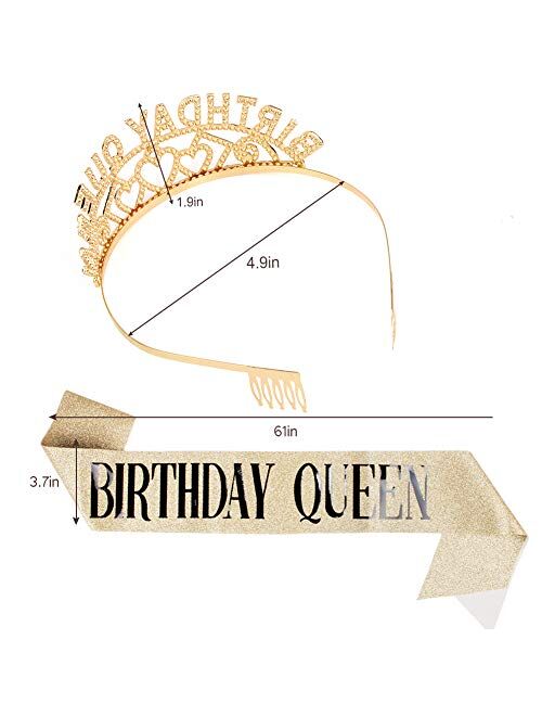 Semato Birthday Glitter Sash and Rhinestone Tiara Kit—Gold Birthday Crown Decorations for Girls Birthday Party Supplies and Favors