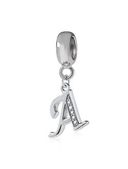 Sambaah Alphabet Charm Letter Beads Solid 925 Sterling Silver with Cubic Stones, Complete A~Z Gift Options fit Pandora European Bracelets (M)