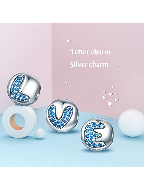 FOREVER QUEEN Alphabet Charm Initial A-Z Letter Charm Bead in 925 Sterling Silver with 5A Blue CZ fit European Bracelet Necklace for Birthday Women Girls Boy Men Gifts