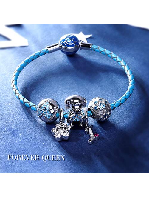 FOREVER QUEEN Alphabet Charm Initial A-Z Letter Charm Bead in 925 Sterling Silver with 5A Blue CZ fit European Bracelet Necklace for Birthday Women Girls Boy Men Gifts