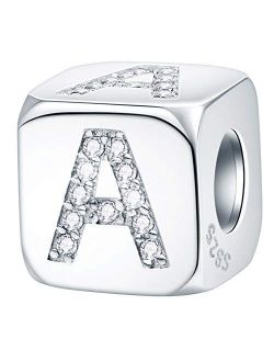 EMOSTAR Dice-Shaped 26 Block Letters Charms Initial A-Z Alphabet Beads, 925 Sterling Silver Square Cube Charms with CZ fits European Women Bracelet, Gifts for Birthday/Ch