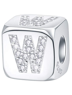 EMOSTAR Dice-Shaped 26 Block Letters Charms Initial A-Z Alphabet Beads, 925 Sterling Silver Square Cube Charms with CZ fits European Women Bracelet, Gifts for Birthday/Ch