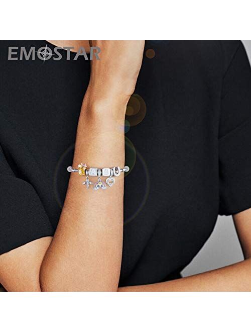 EMOSTAR Dice-Shaped 26 Block Letters Charms Initial A-Z Alphabet Beads, 925 Sterling Silver Square Cube Charms with CZ fits European Women Bracelet, Gifts for Birthday/Ch