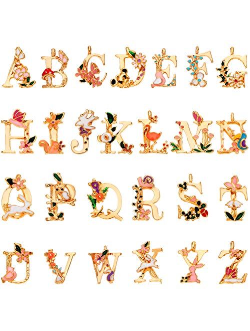 Junkin 52 Pieces Initial Alphabet Letter Charms Pendant Loose Beads Enamel Flower Style Pendants Garden Fairy Tale Princess Style for Jewelry Craft DIY (Bright Colors)